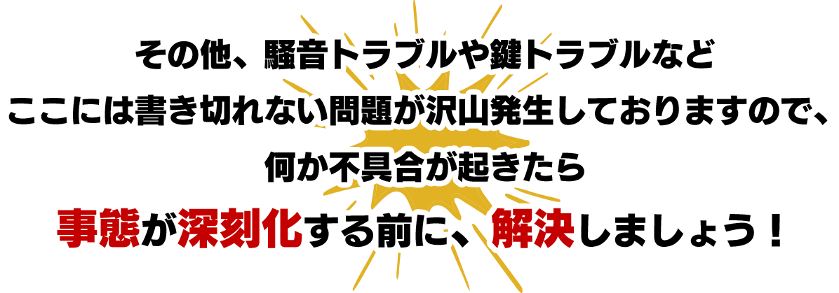 その他、騒音トラブルや鍵トラブルなどここには書き切れない問題が沢山発生しておりますので、何か不具合が起きたら事態が深刻化する前に、解決しましょう！