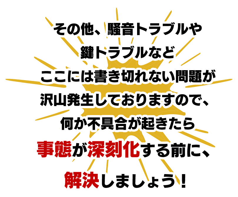 その他、騒音トラブルや鍵トラブルなどここには書き切れない問題が沢山発生しておりますので、何か不具合が起きたら事態が深刻化する前に、解決しましょう！